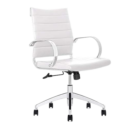 GM Seating Ribbed Mid Back Desk Chair - Lumbar Support, Modern Style Executive Chair for Home and Office - 360 Swivel Rolling Wheels - Aluminum Chrome Frame & Base - (White & Chrome)