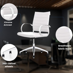 GM Seating Ribbed Mid Back Desk Chair - Lumbar Support, Modern Style Executive Chair for Home and Office - 360 Swivel Rolling Wheels - Aluminum Chrome Frame & Base - (White & Chrome)