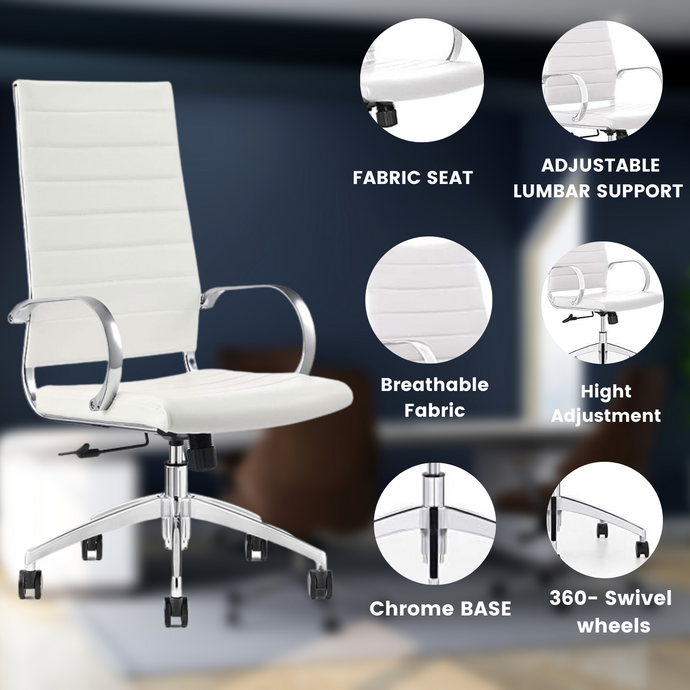 GM Seating Ribbed Mid-Back Desk Chair - High Back Lumbar Support, Modern Style Executive chair for Home and Office - 360 Swivel Rolling Wheels - Aluminum Chrome Frame & Base - White